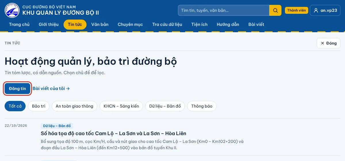 Nút Đăng tin trên trang Hoạt động QLBTĐB